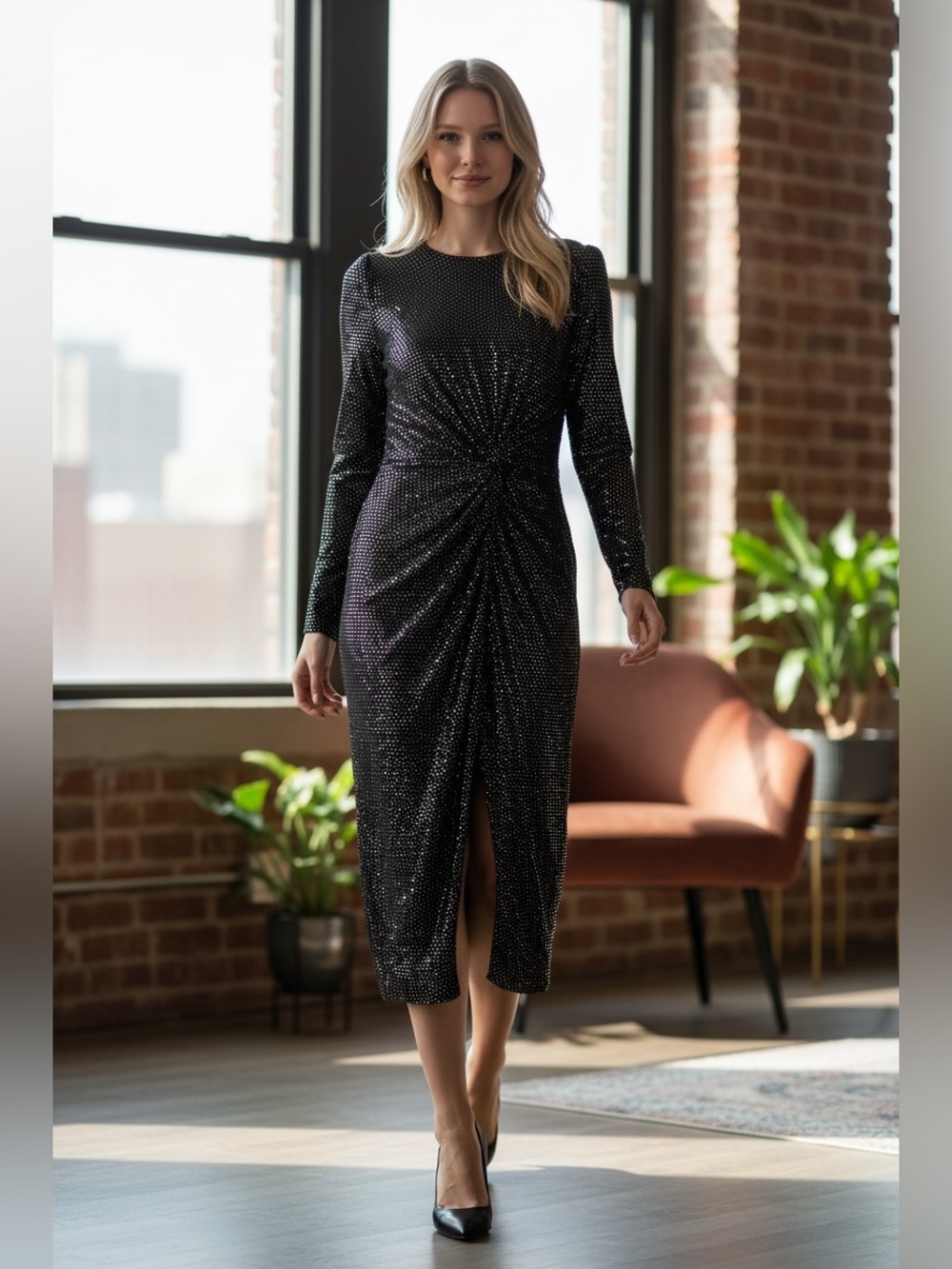 IEENA Mac Duggal Elegant Black Ruched Long-Sleeve Midi Dress with Sparkle